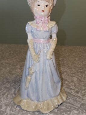 Pastel Porcelain Lady Figurine in Light Blue and Pink Accents